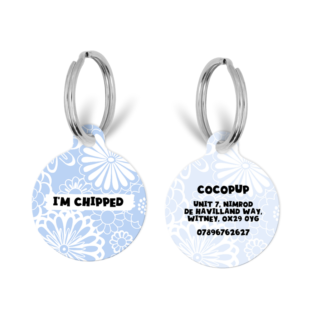 Personalised 'I'm Chipped' ID Tag - Blue Flower