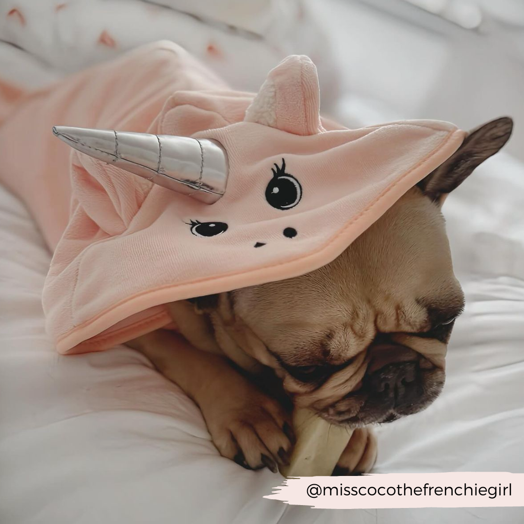 A French Bulldog is lying down on a bed, chewing on a bone. The pup is dressed in a pink Cocopup London PRE-ORDER Pupicorn Drying Robe, which features a silver horn and adorable facial features on the hood. The Instagram handle @misscocothefrenchiegirl is visible in the bottom right corner.