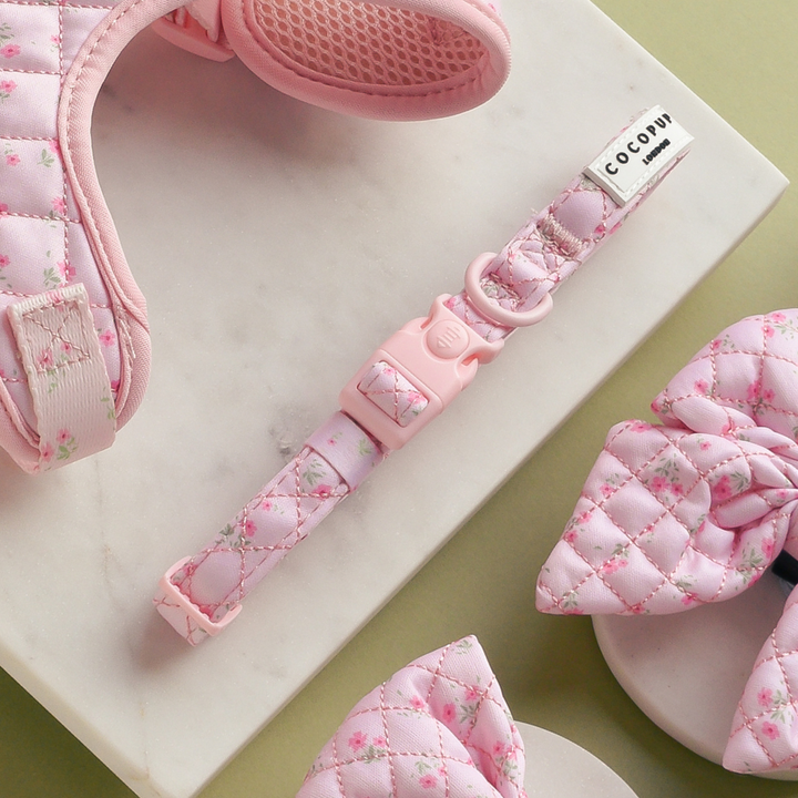 Quilted Ditsy Floral Pink Adjustable Neck Harness, Lead & Collar Bundle