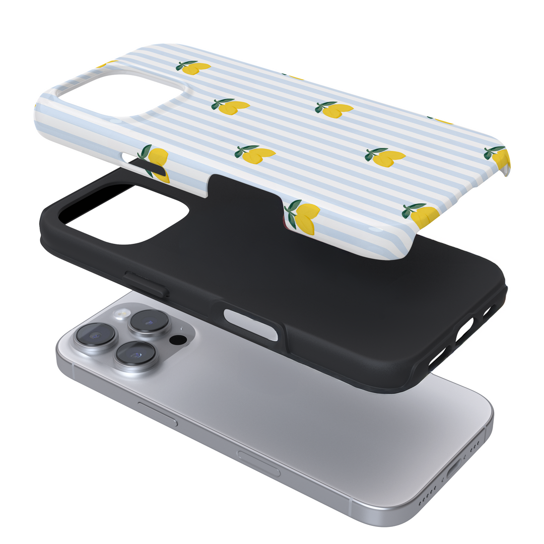 Expanded phone case with blue stripes and lemons on a white background
