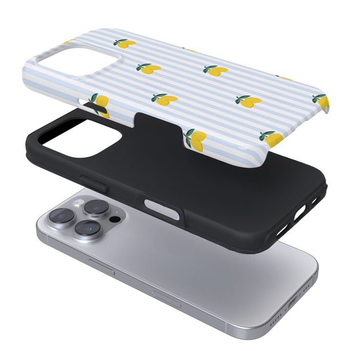 Expanded phone case with blue stripes and lemons on a white background