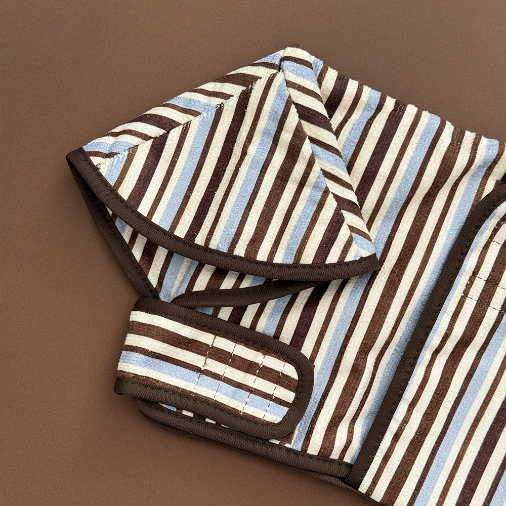 Brown, blue and white striped Dog Robe with velcro fastenings and hood.