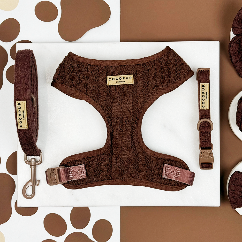Hot Coco Cable Knit Adjustable Neck Harness, Lead & Collar Bundle