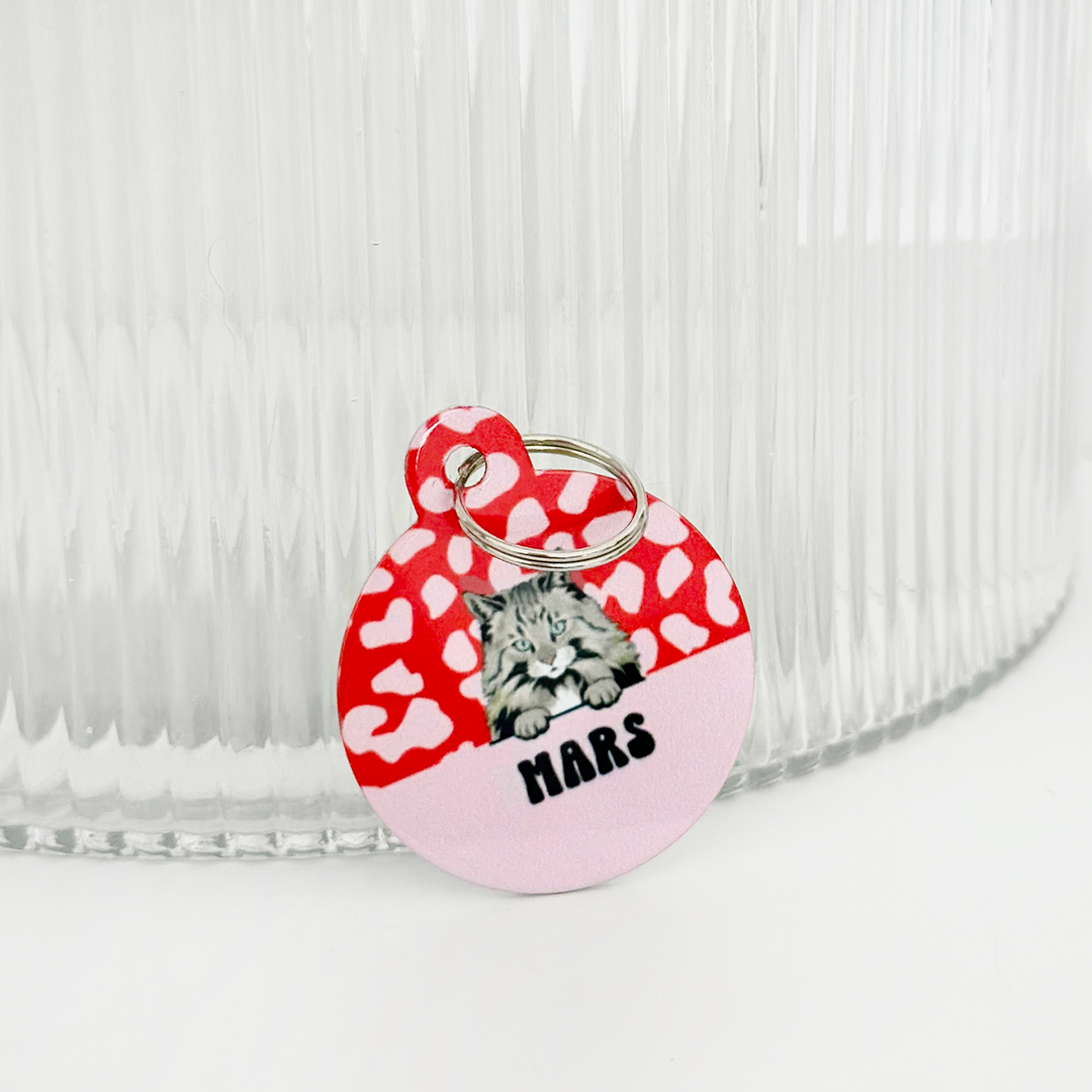 Personalised Cat Cartoon ID Tag - Red & Pink Leopard