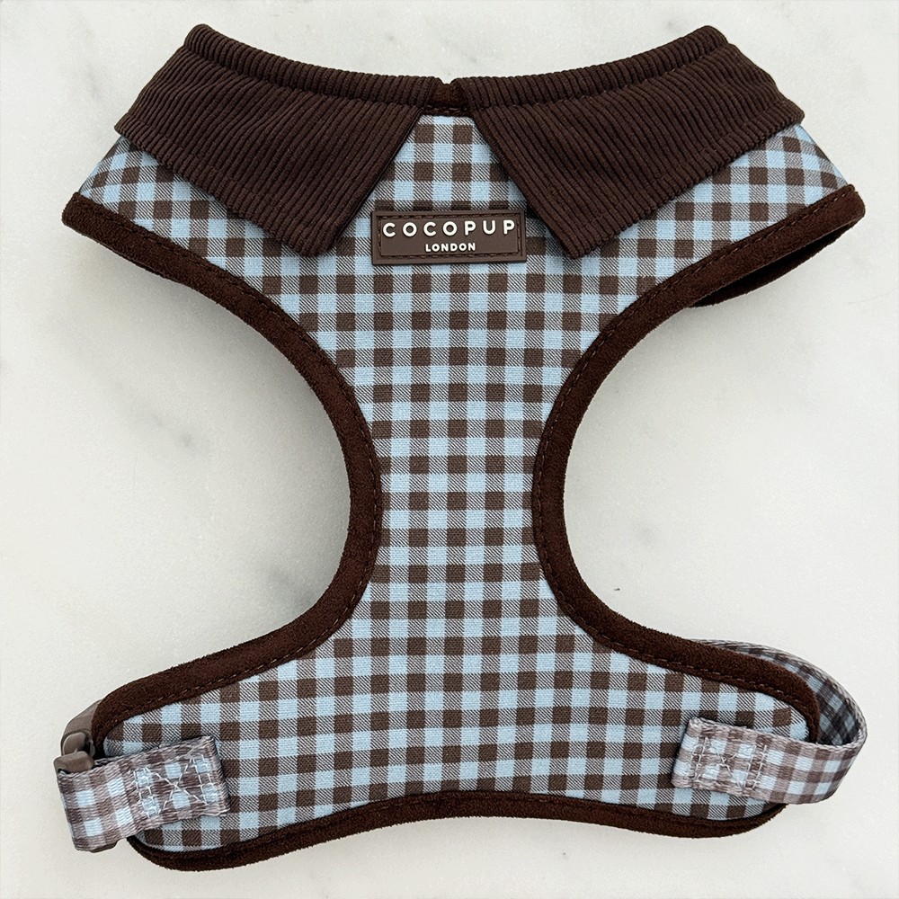 A brown and blue check print dog harness. With brown hardware and brown corduroy collar detail.