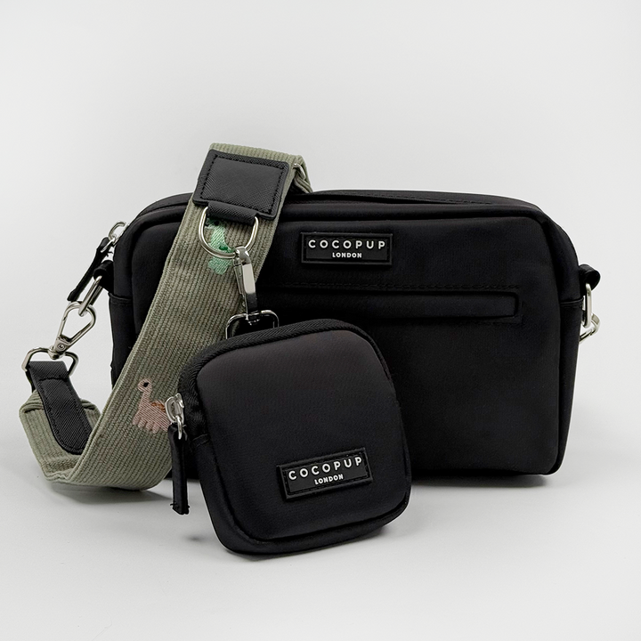 Cocopup Black Dog Walking Bag, Treat Pouch with attached green corduroy material Bag Strap with embroidered dinosaurs. 