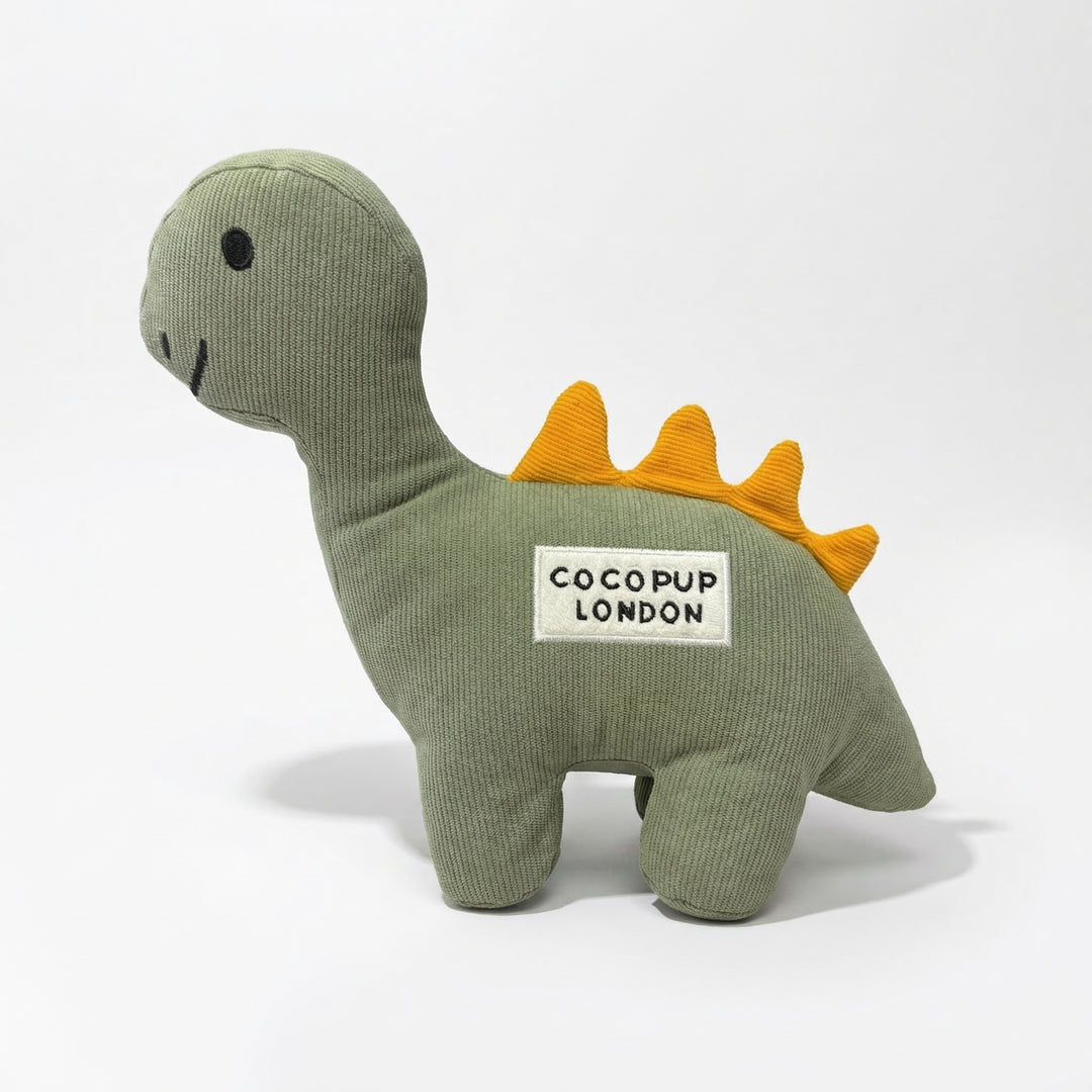 Dinosaur dog toy with Cocopup logo.