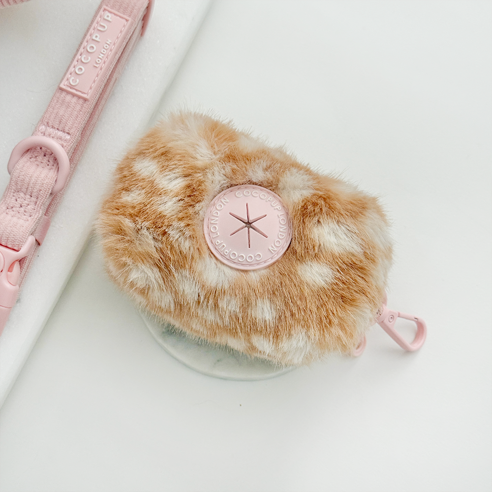 Faux fur poop bag holder, to hold dog poo bags, with a brown and cream fawn pattern.