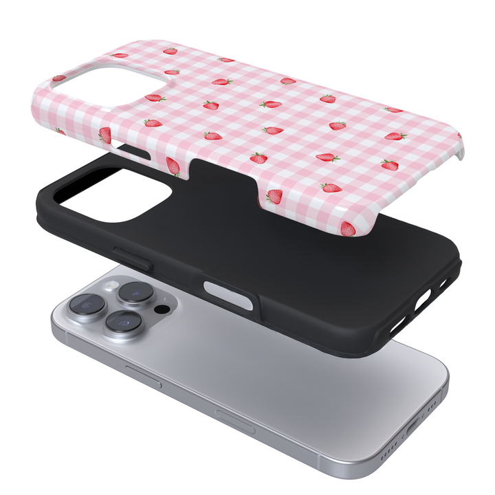 Expanded phone case with pink gingham and strawberry pattern on a white background
