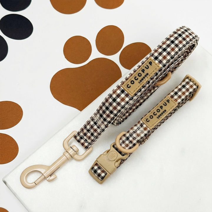 Plaid design dog Lead & Collar set in neutral brown shades, with Cocopup branding.