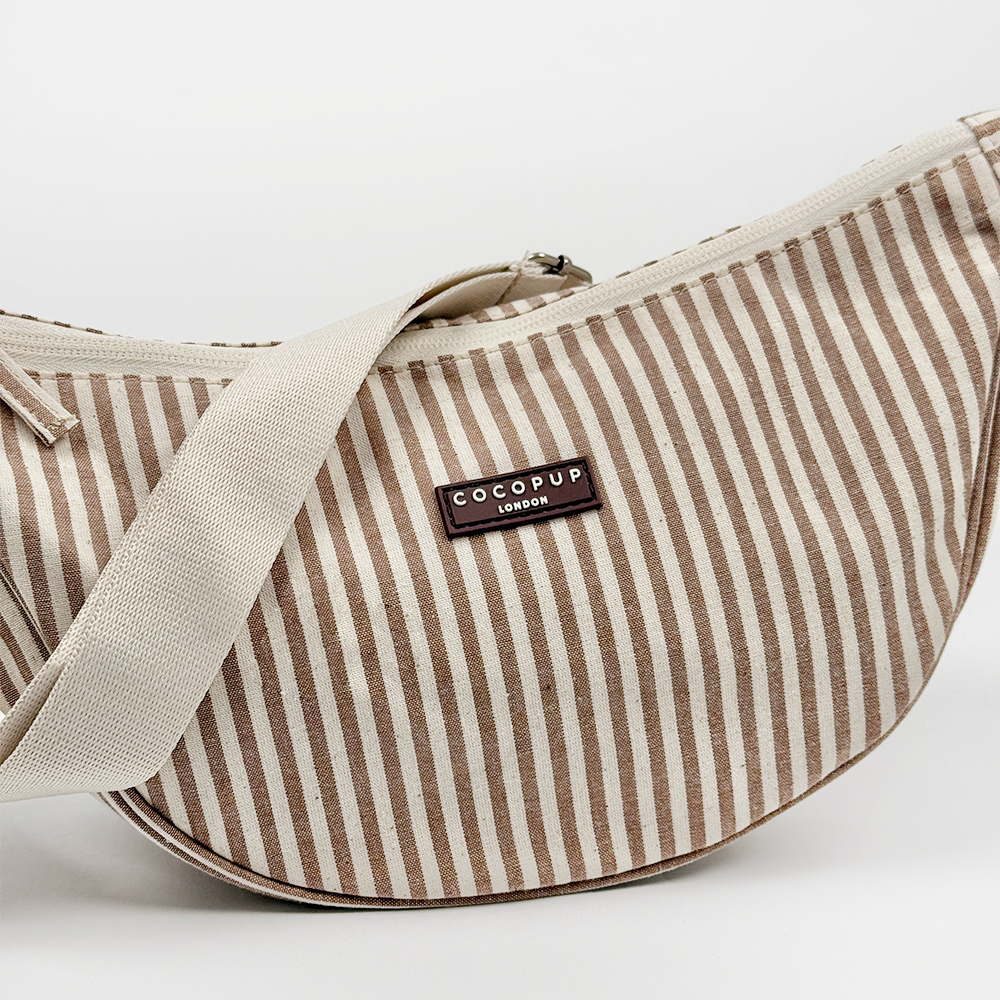 Brown and beige striped Dog Walking Bag with Cocopup logo.