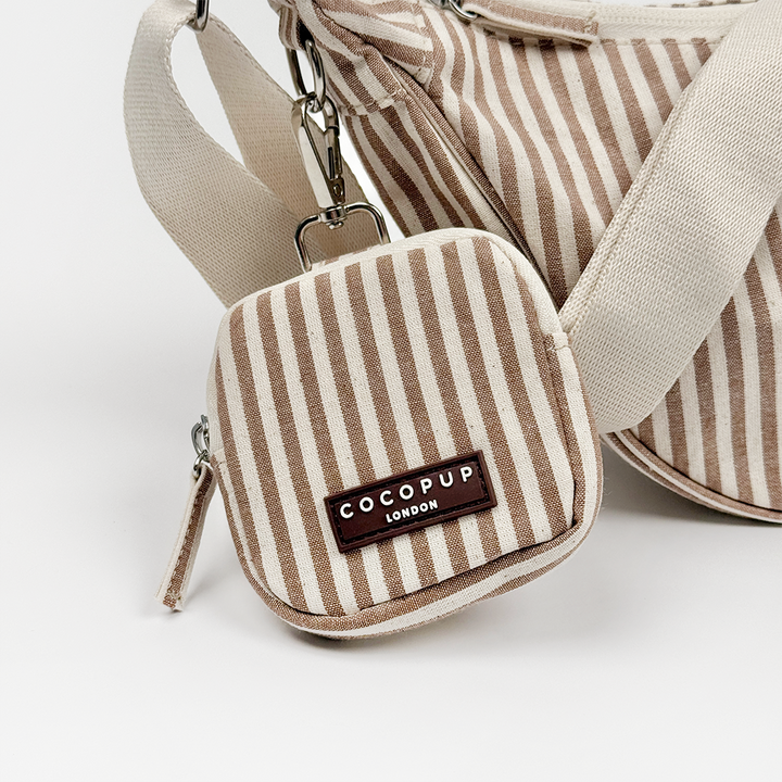 Brown and beige striped Dog Treat Pouch, with zip closure and Cocopup logo.