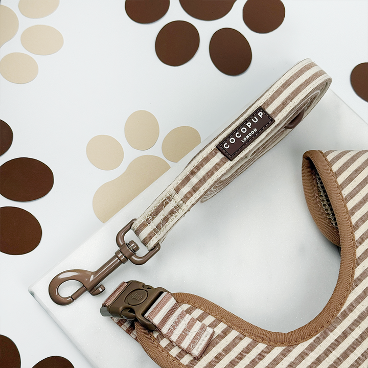 Brown and beige striped dog lead with Cocopup logo.