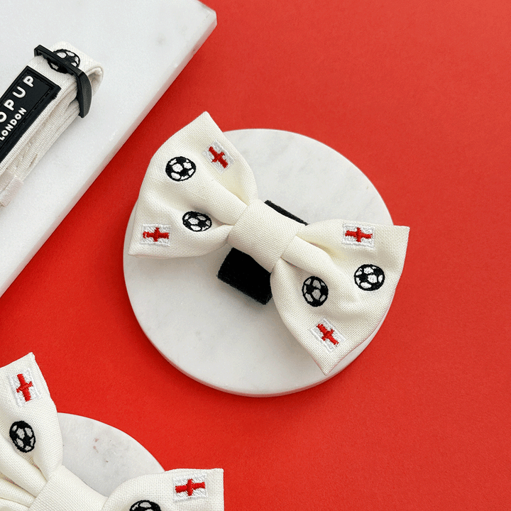 White Dog Bow Tie with embroidered footballs and England flags.