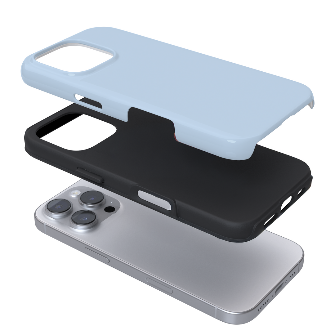 Expanded baby blue phone case on a white background