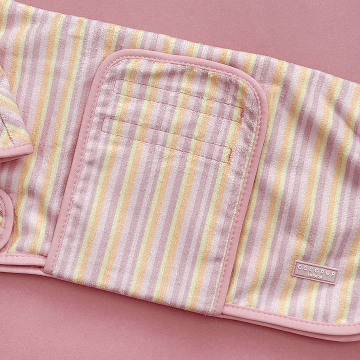 Pink, yellow and orange striped Dog Robe with velcro fastenings and hood.