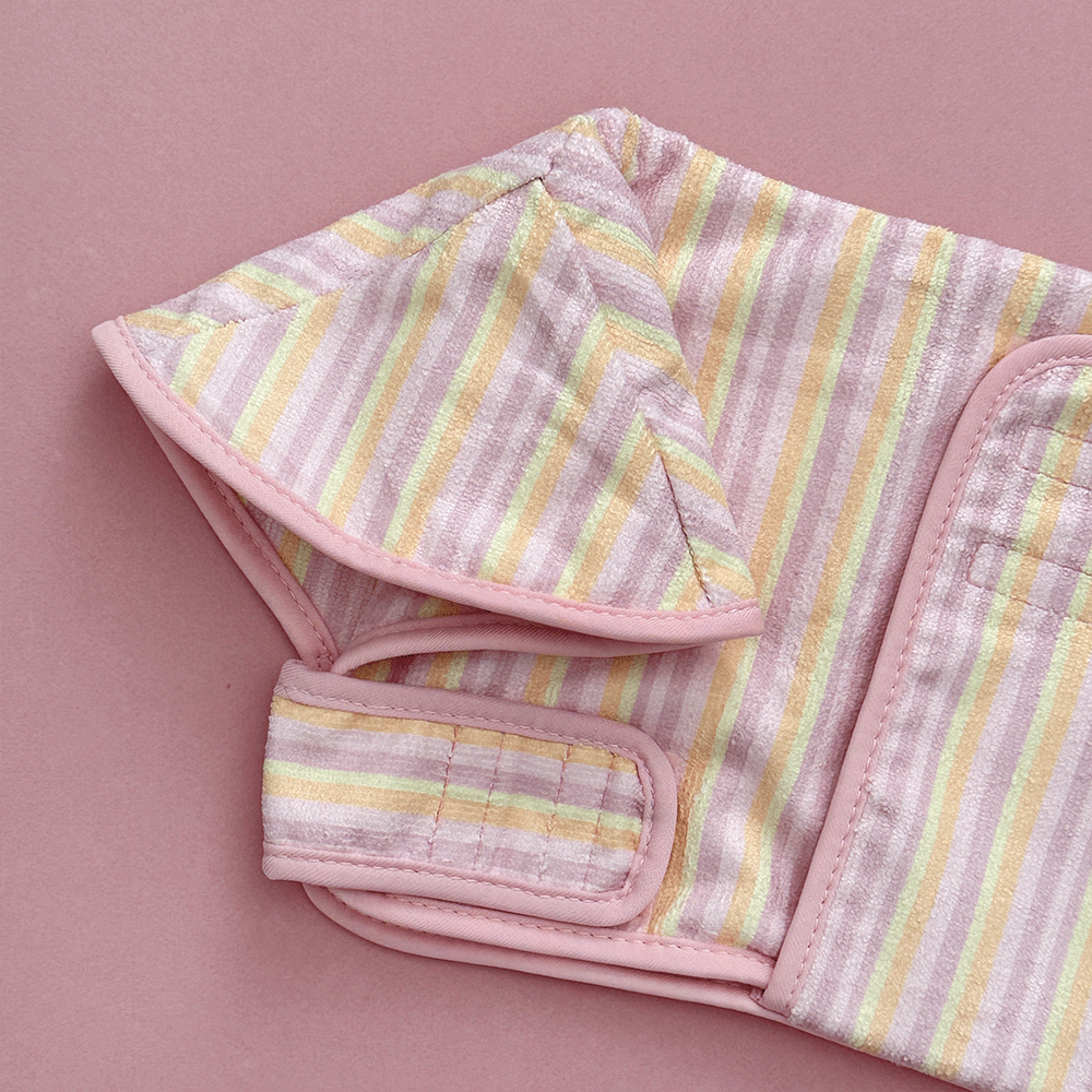 Pink, yellow and orange striped Dog Robe with velcro fastenings and hood.