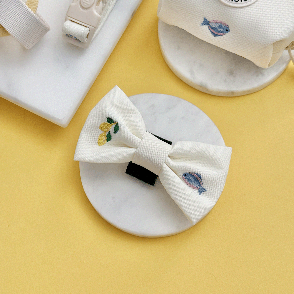 White linen fabric Dog Bow Tie with summer embroidered embellishments.
