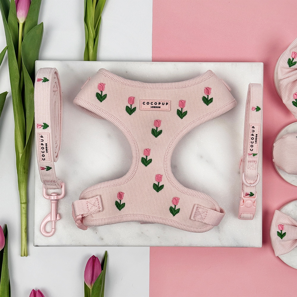 Pink dog harness, lead and collar with tulip embroidery design and Cocopup logo.