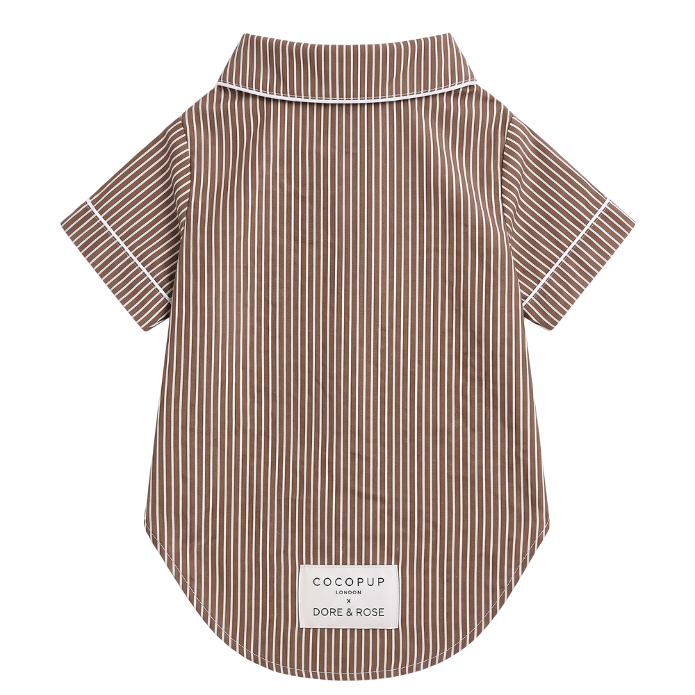 A short-sleeve collared shirt for pets, shown from the back. The shirt features a brown and white vertical stripe pattern with white piping along the collar and sleeve cuffs, and a white brand label at the bottom.