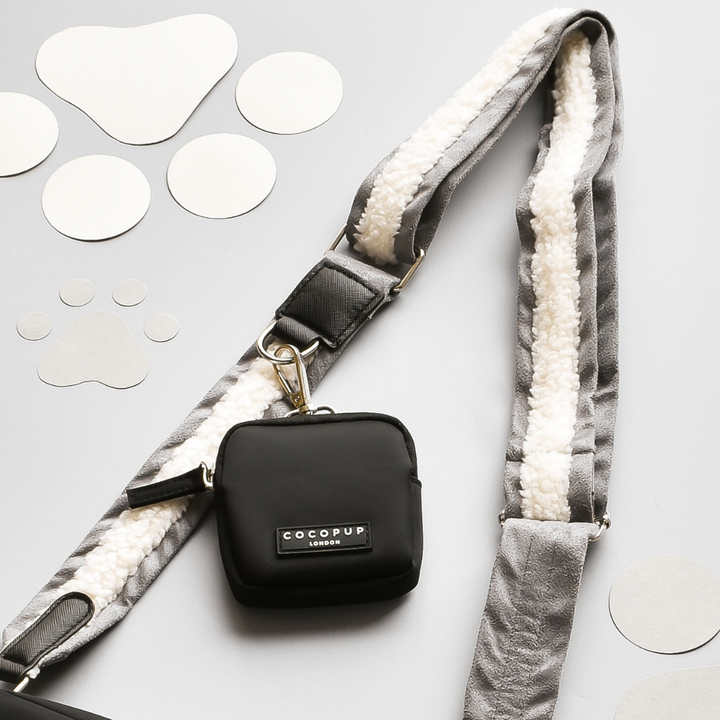 A grey and white sherpa-lined Bag Strap - Grey Aviator from Cocopup London is attached to a black accessory pouch labeled "COCOPUP London." The background features light grey with scattered white circles and a paw print design.