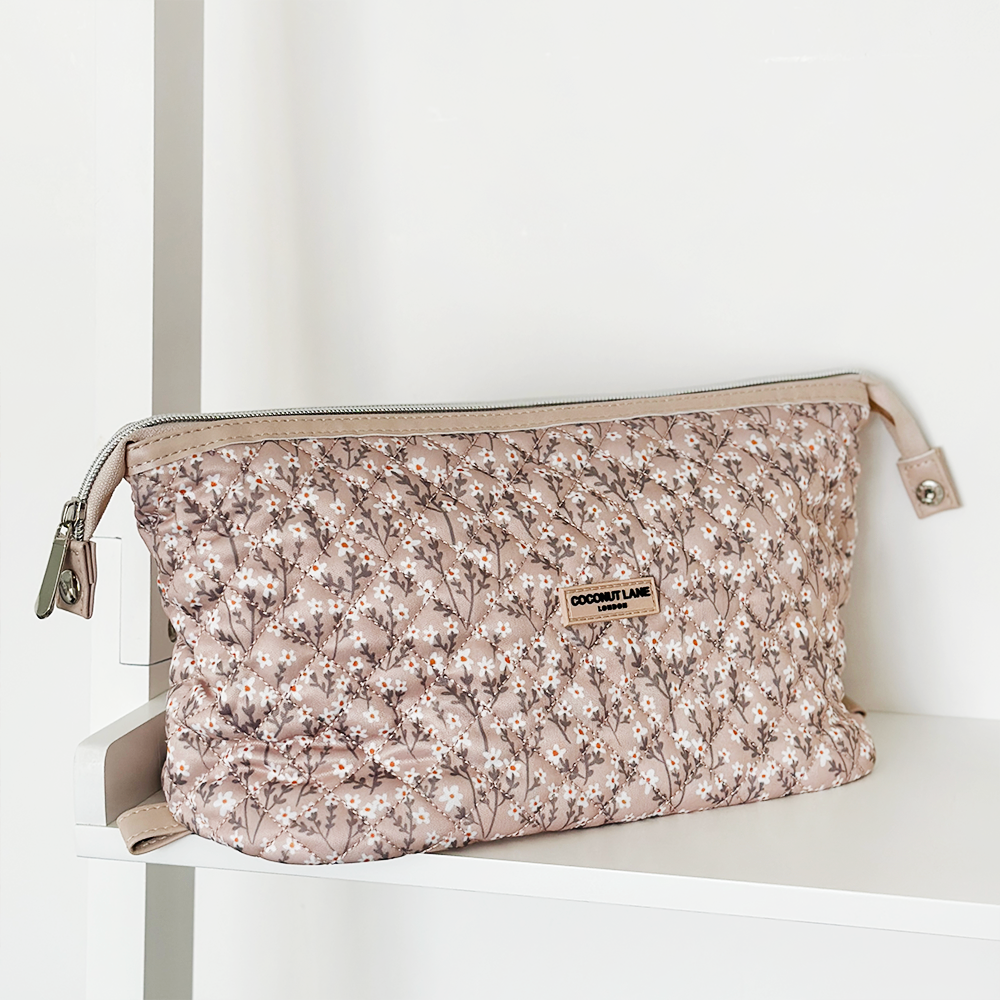 Quilted Nude Flowers Expandable Makeup Bag - By Coconut Lane