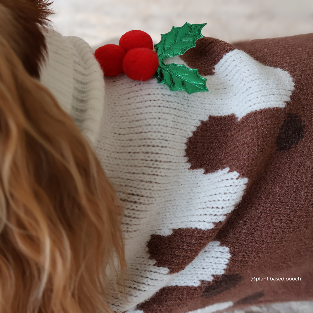 Close-up of a dog wearing a knitted Christmas-themed sweater with brown and white cow-print style sections, red pom-pom holly berries, and green holly leaves. 
