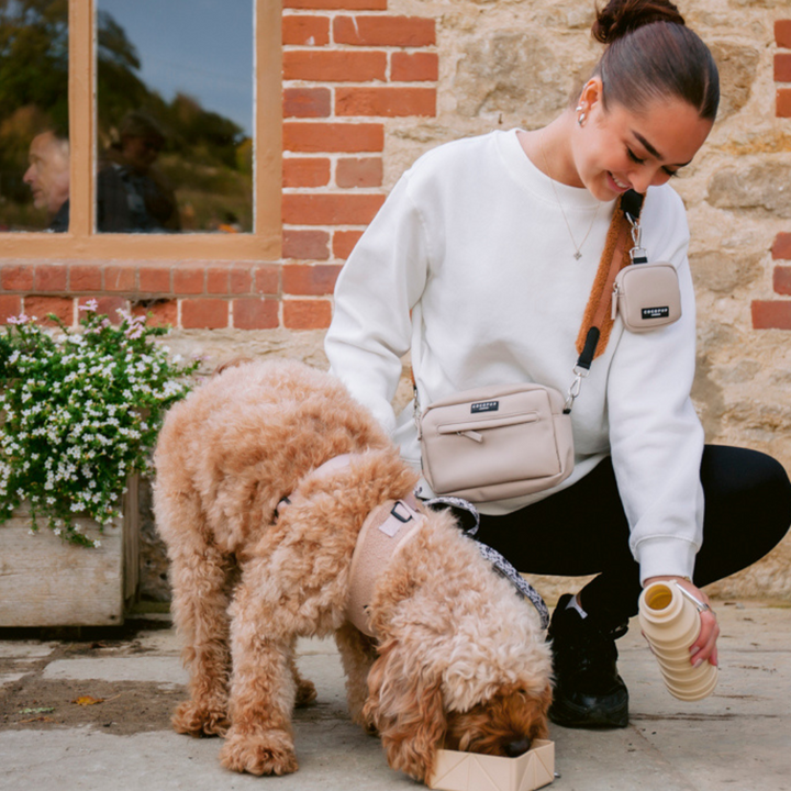 Model holding Cocopup Nude Collapsible Water Bottle with dog drinking water from the Cocopup Nude Collapsible Travel Bowl. Model is also wearing the Cocopup Dog Walking Bag with Teddy Strap.